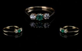 18ct Gold Attractive 3-Stone Diamond and Emerald Set Ring, the diamonds and emeralds of superb