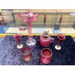 Collection of Ruby Glass, comprising a tall 11.5'' vase with leaf edge raised on a clear glass base,