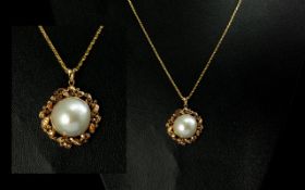 Chinese 22ct Gold Ornate Circular Open Worked Pendant with Large Pearl Set To Centre. Attached to