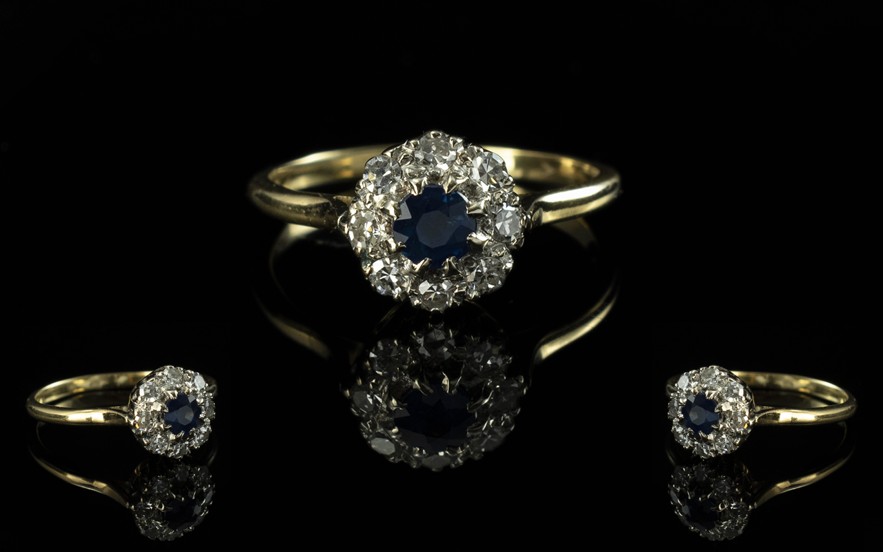 18ct Gold - Exquisite Sapphire and Diamond Set Cluster Ring. Flower head Design / Setting. Not