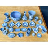 Collection of Wedgwood Blue Jasper comprising 10'' diameter footed bowl, 7.5'' tall vase, 8''
