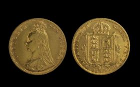 Queen Victoria 22ct Gold Jubilee Head Shield Back Half Sovereign. Dated 1892. Good grade.