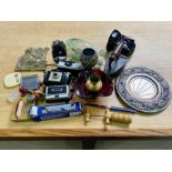 Box of Collectibles, including an antique iron, a pewter Arts & Crafts mirror, a small mirror, a