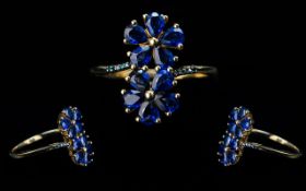 Ladies Superb 9ct Gold Blue Sapphire Shamrock Design Ring, the teardrop blue Sapphires of