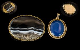 Antique Period Attractive 14ct Gold Large Polished Blue Stone Set - Ornate Oval Shaped Pendant.