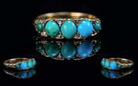 Antique Period Superb 18ct 5-Stone Diamond & Turquoise Set Ring, gallery setting. Marked 18ct to