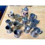 Box of Assorted Tankards, including Pewter, German Stein, Golf Presentation, etc. 12 in total.