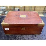 Antique Campaign Writing Chest in brass bound mahogany with recessed carrying handles and secret