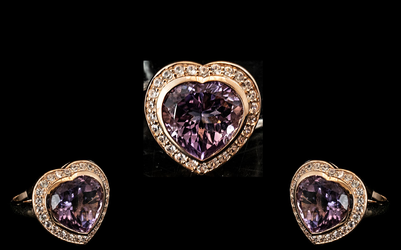 Amethyst Heart Shape Halo Statement Ring, a 12ct, heart cut, wonderful amethyst, held in a heart