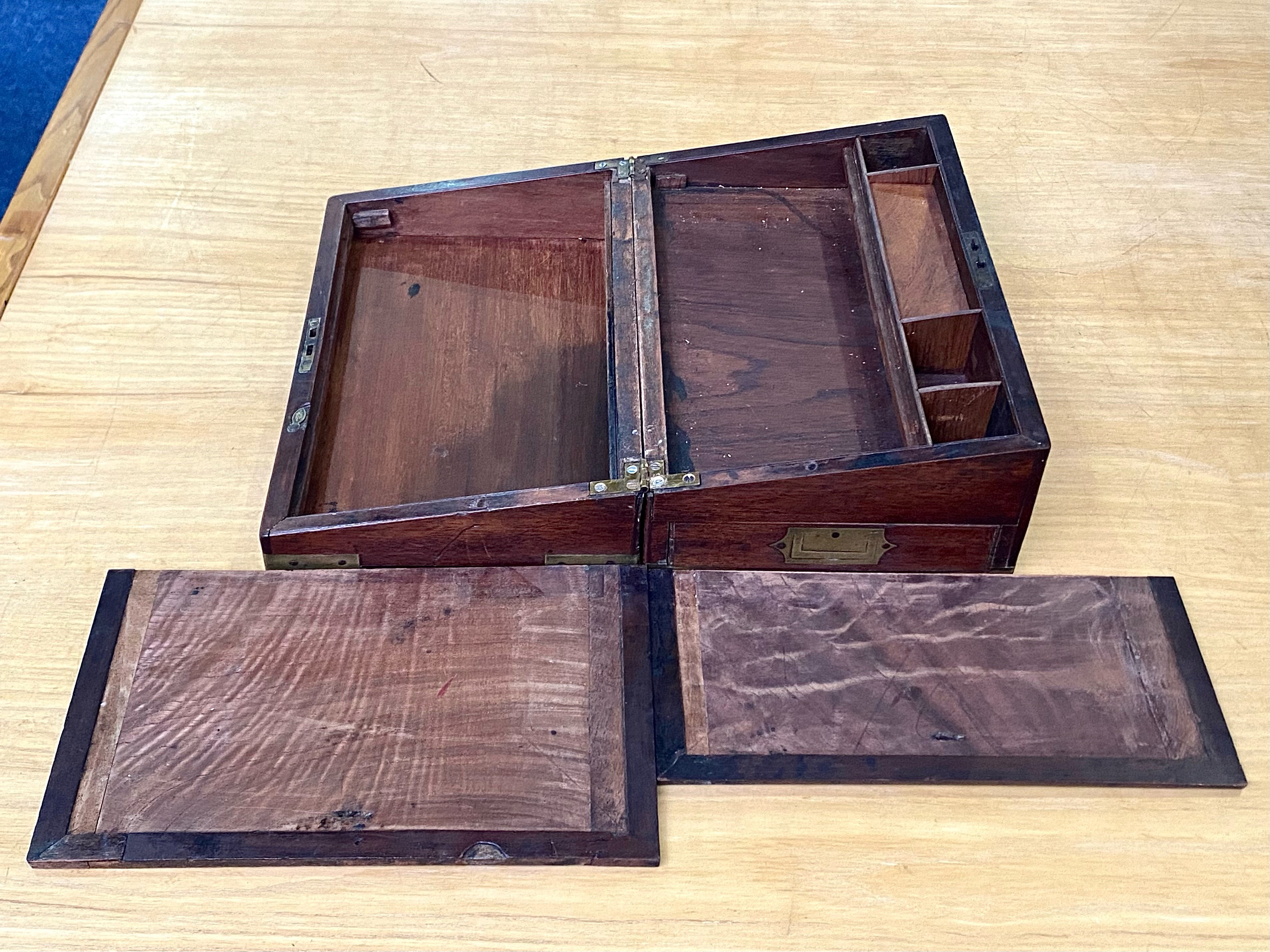 Antique Campaign Writing Chest in brass bound mahogany with recessed carrying handles and secret - Image 3 of 3