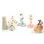 Three Doulton and two Coalport figurines, and a Belleek Castle vase