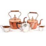 China teaset and electroplated three-piece teaset and two Victorian copper and brass kettles.