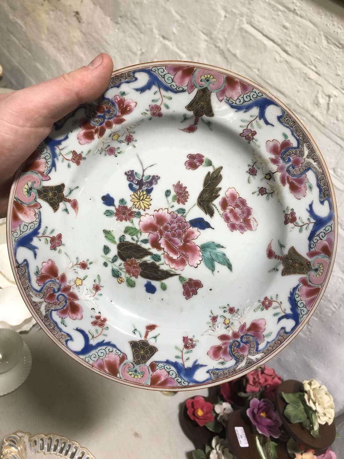 Chinese famille rose plate; and a pair of continental dessert dishes, in the style of James Giles - Image 4 of 6