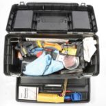 Plastic crate and Stanley tool box of modern watch tools and accessories including cleaning fluids,