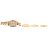 Three wedding rings, two 22 carat gold, one 18 carat gold.- Ramex gold wrist watch.