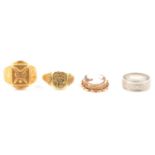 Three rings - two gold one platinum and a cameo pendant