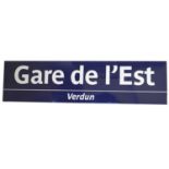 Large original French railway station enamel sign 'Gare de L'Est - Verdun'