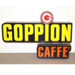 Advertising light up sign 'Goppion Caffe', orange and yellow text, plastic body