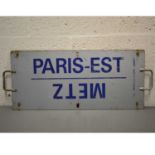 French SNCF railway train metal plate sign 'Paris-Est / Metz / Forbach / Luxembourg'