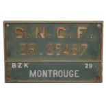 French cast metal locomotive number plate tenderplate, SNCF ZR_25487 'Montrouge'
