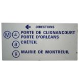 French railway station enamel directions sign 'M4 Porte de Clignancourt Porte D'Orleans'