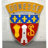 French metal railway station sign / plaque Gonesse, a suburb of Paris, bearing the coat of arms