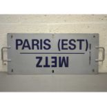 French SNCF railway train metal plate sign 'Paris (Est) / Metz / Nancy / Strasbourg'