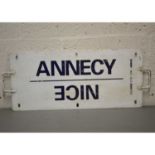 French SNCF railway train metal plate sign 'Valence / St Gervais / Nice / Annecy'