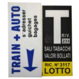 Two plastic railway station signs, including T RIV 233 Sali Tabacchi Valori Bollati no.3117 LOTTO