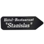 Original French railway station / road enamel arrow sign, 'Hotel-Restaurant Stanislas'