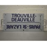 French SNCF railway train plate sign 'Paris St Lazare / Trouville-Deauville / Caen / Evreux'