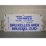 French SNCF railway train metal plate sign 'Riviera Flandres' 'Ventimiglia / Bruxelles'