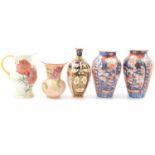 Near pair of Oriental Imari style vases, Royal Crown Derby and Royal Doulton vases and jug.