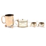 Silver christening cup, Fenton Brothers, Sheffield 1884, pair of silver salts and a silver mustard.