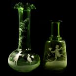 Two electroplated epergnes and two Mary Gregory style green vases.
