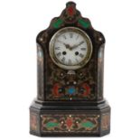 Charles X black lacquered brass inlaid and enamelled mantel clock,