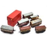 Hornby O gauge model railway passenger coaches, nine including no.51 coach