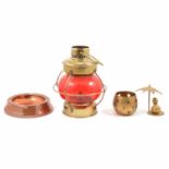 A brass model tabel cannon, other brass and copper, carving set, cigarette lighters, wristwatches