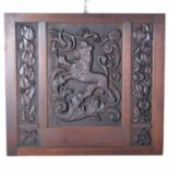 Carved wood panel, designed with a lion rampant