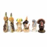 Majolica model of a turkey, and other bird figures