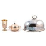 Silver-plated meat platter, serving dishes and goblet.