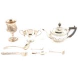 A silver teapot, twin handled bowl, Victorian silver goblet, 1865, sifting spoon, four other small i