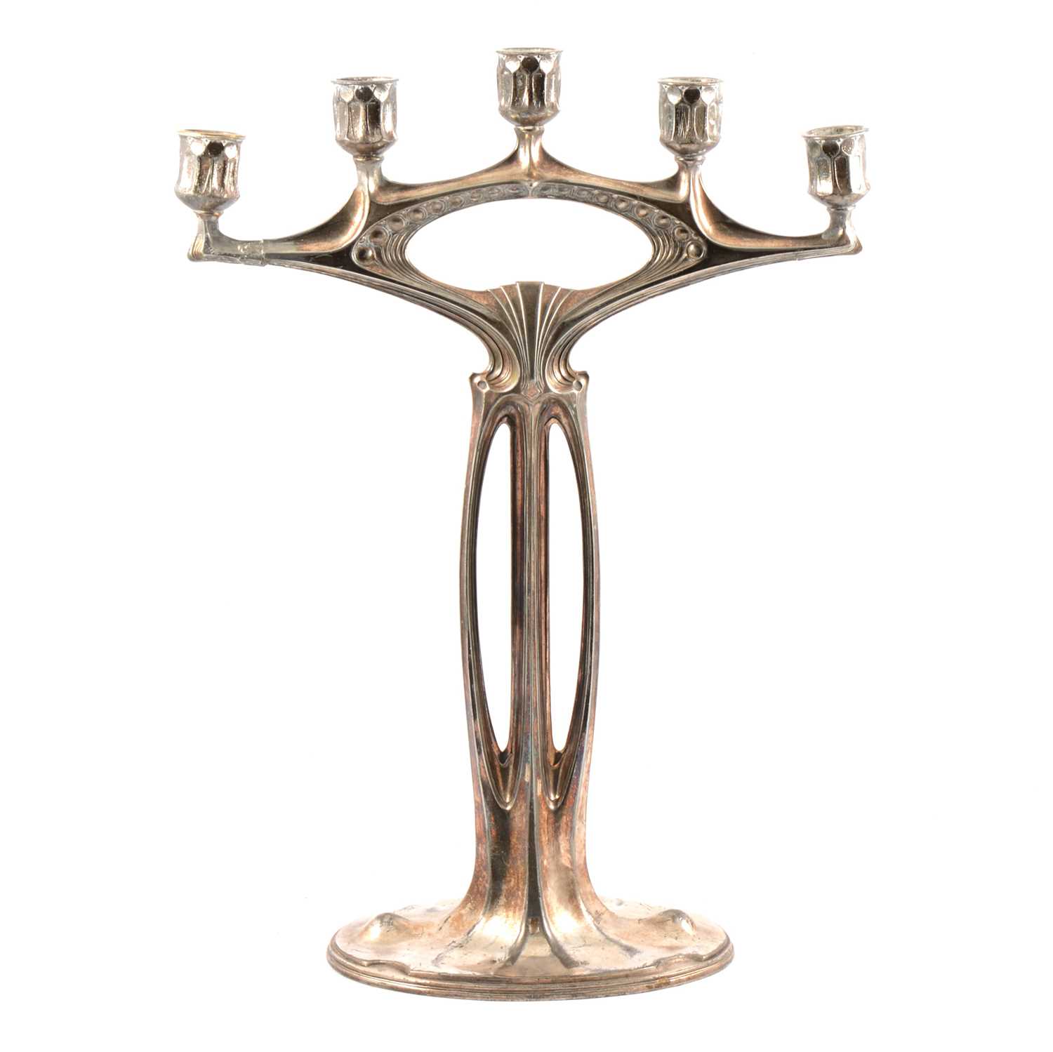WMF, attributed, a large Jugendstil/ Art Nouveau silvered metal five-light candelabra - Image 2 of 9