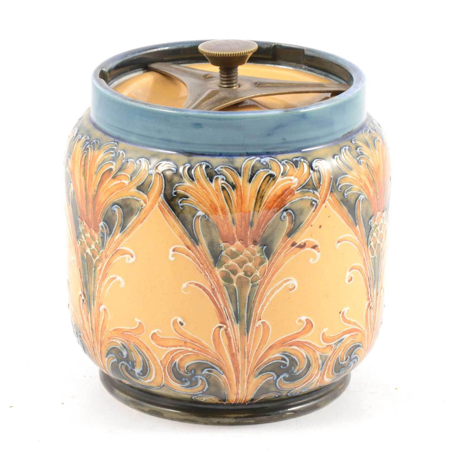 William Moorcroft for Macintyre & Co, a Florian Cornflower tobacco jar and cover, circa 1900.