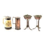 Pair of Arts & crafts style metal pot pourri bowls, tripod legs, 23cm; small tankard, pierced copper