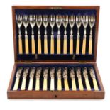 Victorian rosewood box; oak case of plated fish knives and forks