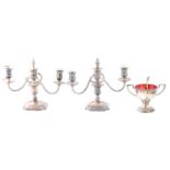 Two silver plated candelabra, etc.