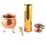 Arts & Crafts copper chamber stick, and other metalware,