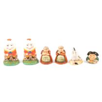 Five Royal Doulton figurines and salt and pepper shakers, and a Kevin Francis face pot.