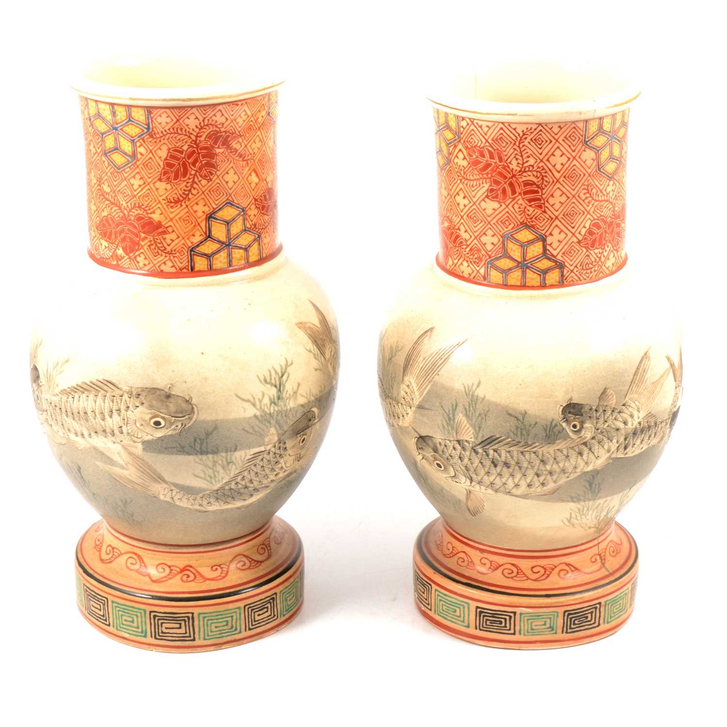 Pair of Japanese Satsuma pottery vases, painted with carp